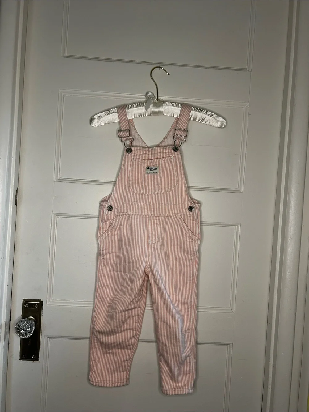 OshKosh B'gosh Toddler Girls 4T Pink White Striped Denim Overalls Long Pants